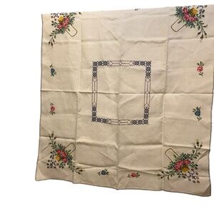 Antique LINEN cross stitch/needlepoint baskets of SPRING FLOWERS 40x44